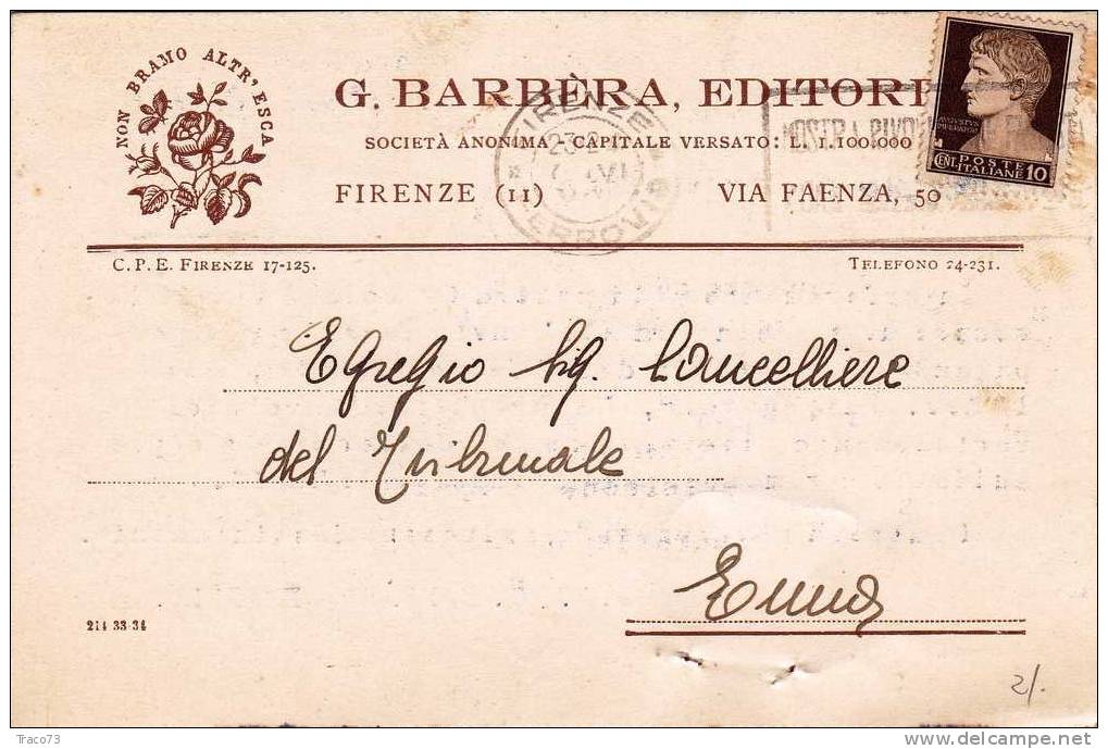 Firenze  06.06.1934?  -  Card Cartolina -   " Ditta G. BARBERA Editore" - Pubblicitari