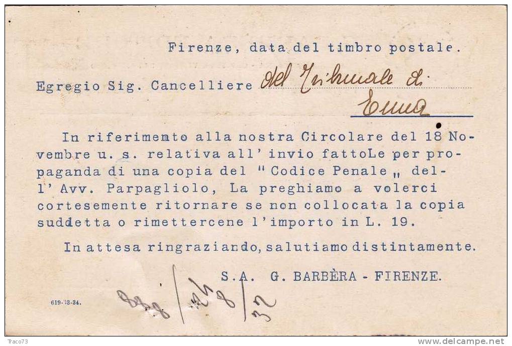 Firenze  06.06.1934?  -  Card Cartolina -   " Ditta G. BARBERA Editore" - Pubblicitari