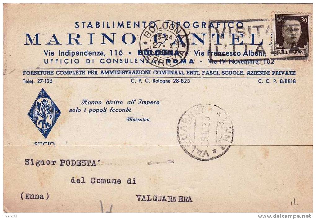 Bologna  27.10.1939   -  Card Cartolina -   " Stab. Tipogr. Marino Cantelli " - Firma - Pubblicitari