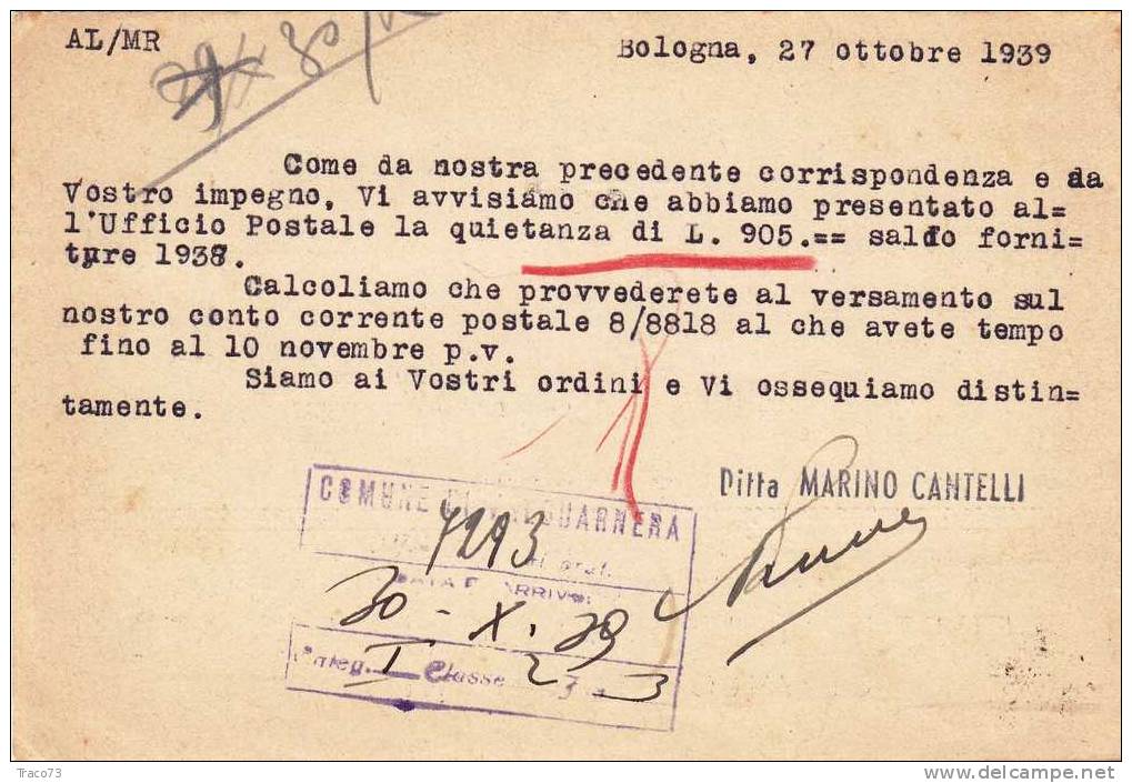 Bologna  27.10.1939   -  Card Cartolina -   " Stab. Tipogr. Marino Cantelli " - Firma - Reclame