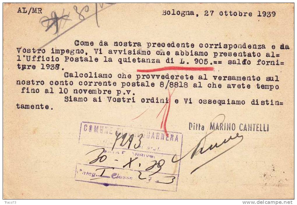 Bologna  27.10.1939   -  Card Cartolina -   " Stab. Tipogr. Marino Cantelli " - Firma - Pubblicitari