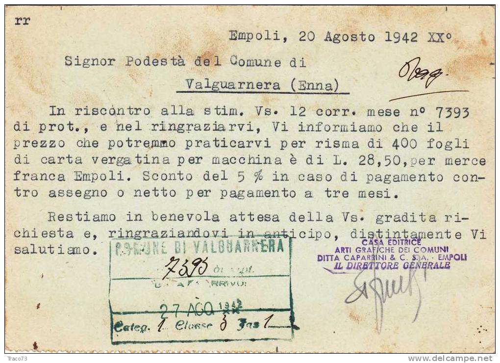 EMPOLI  20.08.1942   -  Card Cartolina -   "Ditta Casa Editr. Caparrini & C.  " - Firma - Reklame