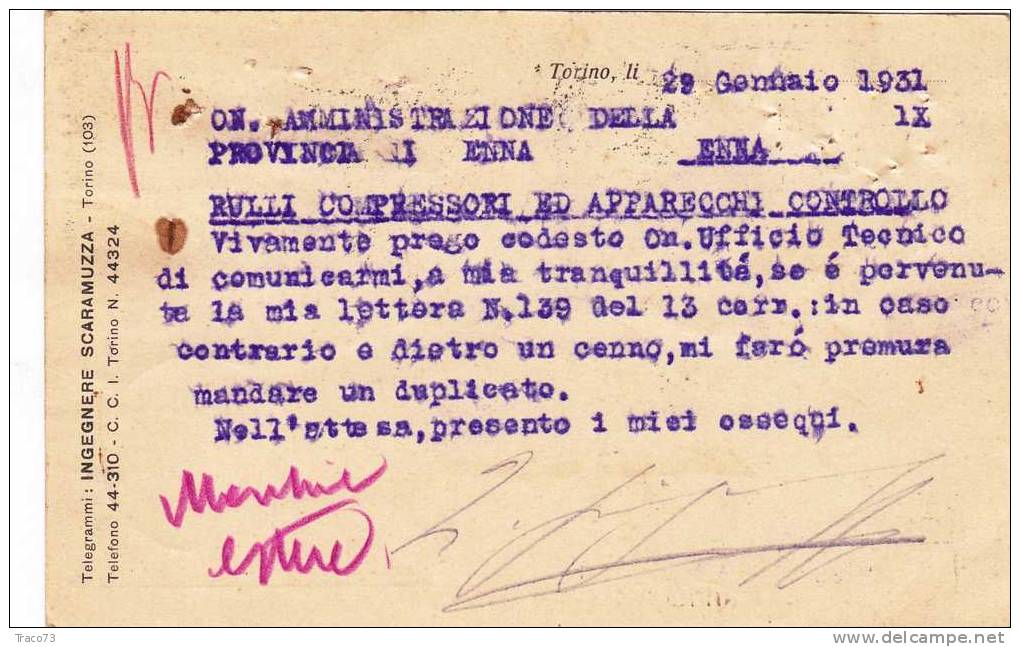 TORINO   29.01.1931   -  Card Cartolina -   "  INGEGNERE SCARAMUZZA   "  -  Firma - Reklame