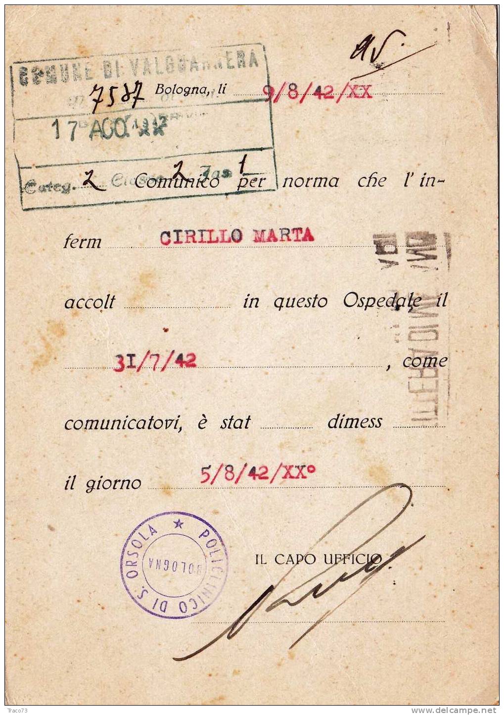 BOLOGNA   09.08.1942   -  Card Cartolina -   "  Ospedale Policlinico S. Orsola   "  -  Firma - Publicity