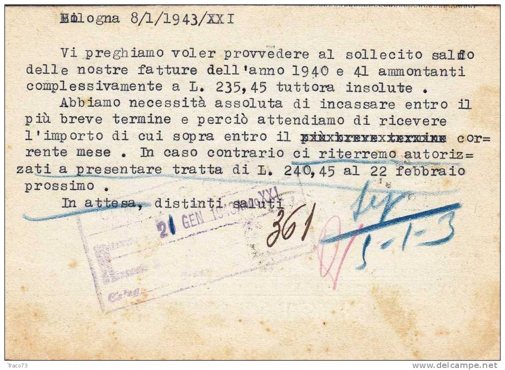 BOLOGNA  08.01.1943 - Card Cartolina -   " Ditta Bevilacqua & Lombardini "  Firma - Publicité