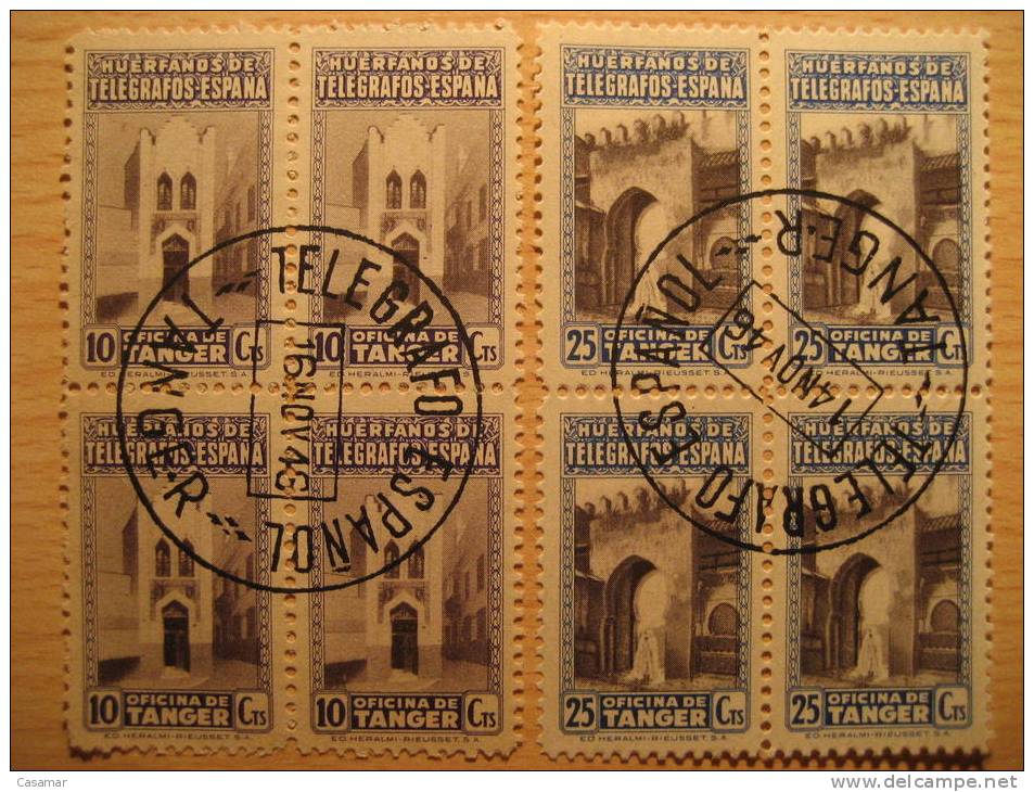 TANGER 1946 Marca Telegrafo Español Circular Sobre 6 Bloques X4 Huerfanos De Telegrafos Fiscal Cinderella Beneficiencia - Spanish Morocco