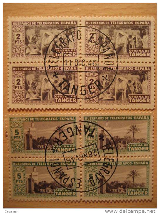 TANGER 1946 Marca Telegrafo Español Circular Sobre 6 Bloques X4 Huerfanos De Telegrafos Fiscal Cinderella Beneficiencia - Maroc Espagnol