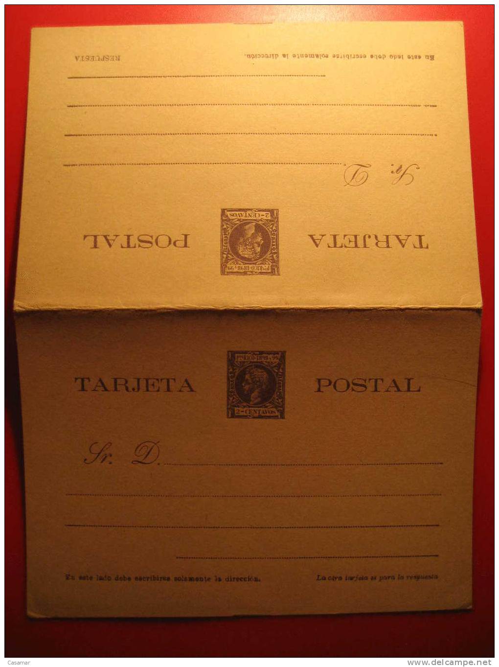 Nº15A 2c Cartulina Color Salmon Laiz Tarjeta Doble + Respuesta Entero Postal Stationery Postcard Puerto Rico - Porto Rico