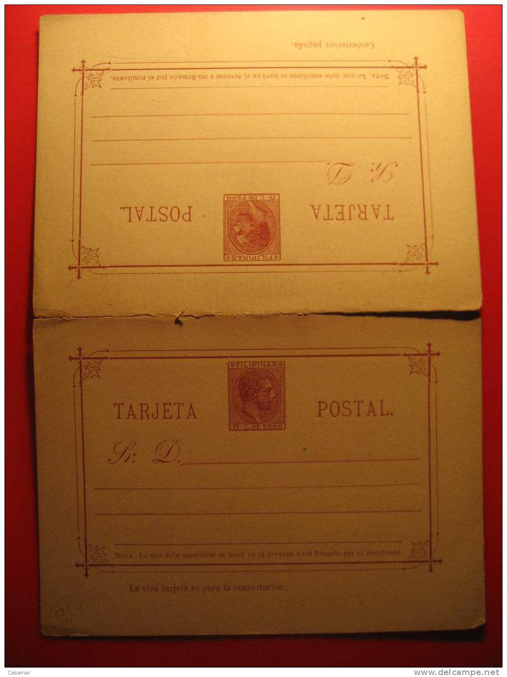 Nº5 3c De Peso + Respuesta Union Parcialmente Rota Tarjeta DOBLE Entero Postal Stationery Postcard FILIPINAS - Philippines