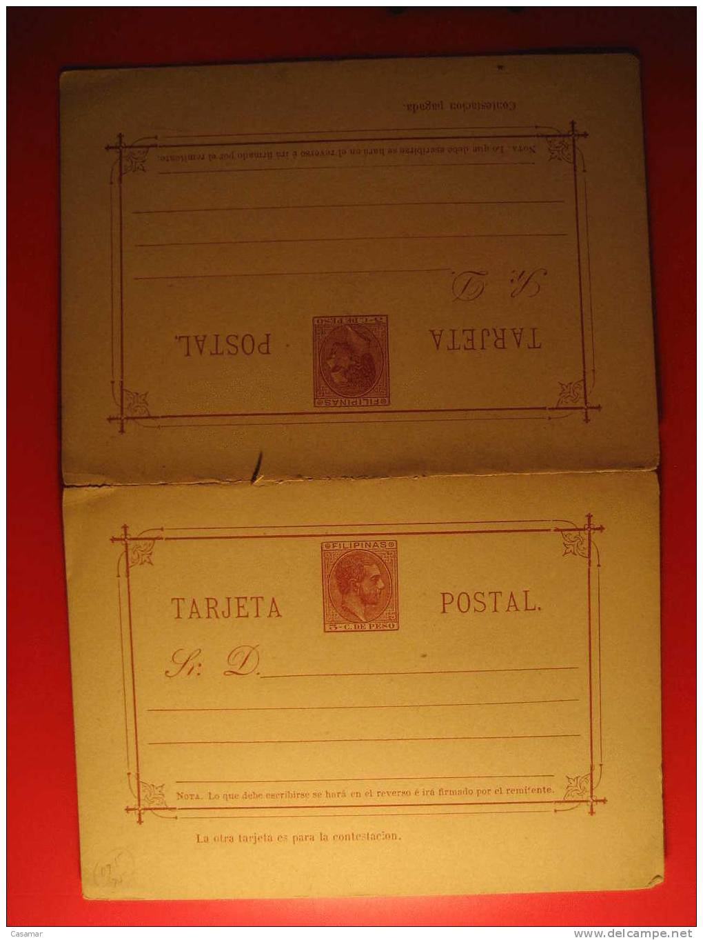 Nº5 3c De Peso + Respuesta Union Parcialmente Rota Tarjeta DOBLE Entero Postal Stationery Postcard FILIPINAS - Philippines