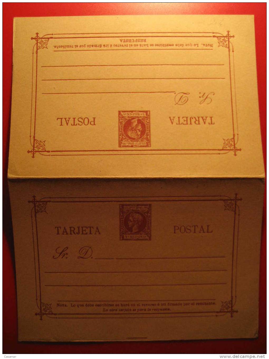 Nº16A Cartulina Salmon 5 Milesimas + Respuesta Tarjeta DOBLE Entero Postal Stationery Postcard FILIPINAS - Philipines