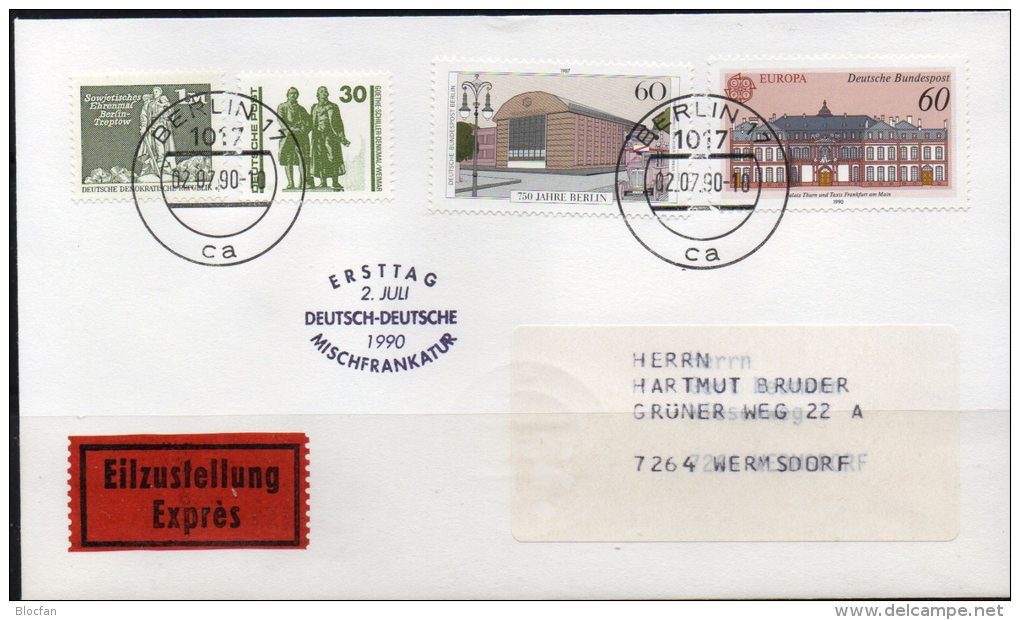 Erstag 1990 Brief Deutsche Post 3345 Als Mischfrankatur Mit DDR 2561 Berlin 774 O BRD 1461 6€ Letter Document Of Germany - Omslagen