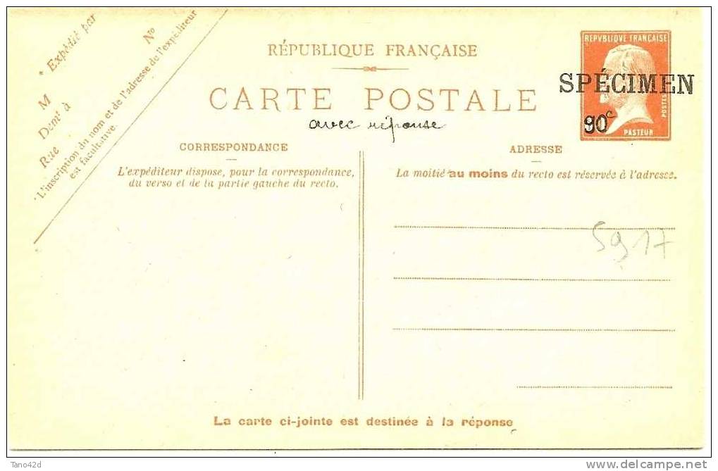 REF LCHA3 - ENTIER POSTAL PASTEUR CPRP 60c + 60c SURCHARGE SPECIMEN DES COURS D'INSTRUCTION - Specimen