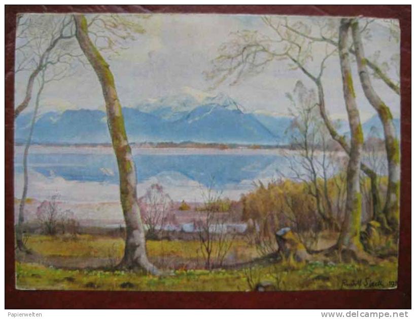 Chiemsee - Künstlerkarte "Chiemseelandschaft" (Rudolf Sieck) - Chiemgauer Alpen