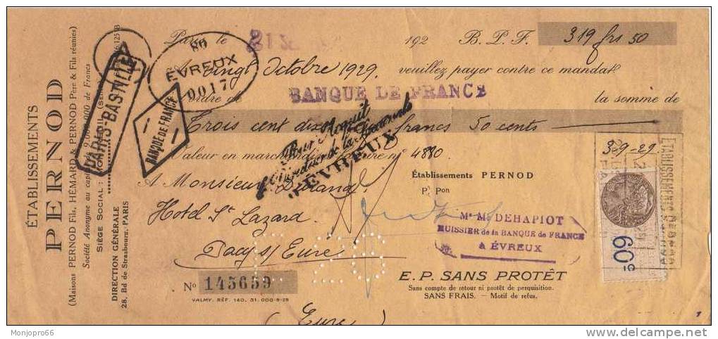 Mandat Des Etablissements PERNOD De Paris Et De 1929 - Lettres De Change