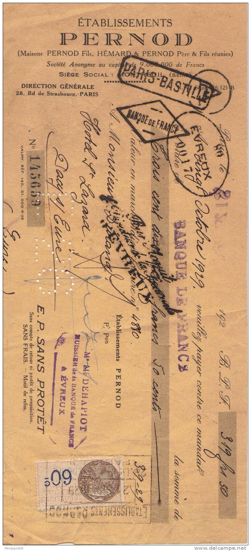 Mandat Des Etablissements PERNOD De Paris Et De 1929 - Lettres De Change