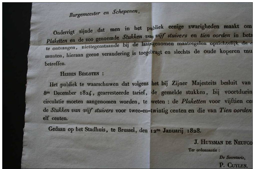 Affiche Regering Der Stad Brussel Berigt 1828 J. Huysman De Neufcour - Documents Historiques