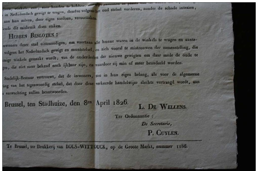 Affiche Regering Der Stad Brussel Maten En Gewigten 1826 L. De Wellens - Documents Historiques