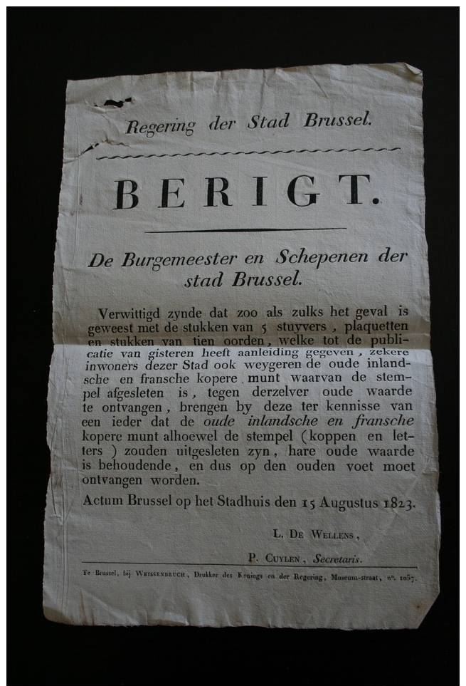 Affiche Regering Der Stad Brussel Berigt 1823 L. De Wellens - Documentos Históricos