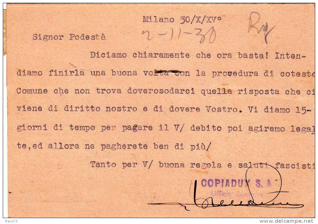 MILANO   30.10.1936   -  Card Cartolina -   " Ditta  COPIADUX  S.A.   " - FIRMA - Pubblicitari