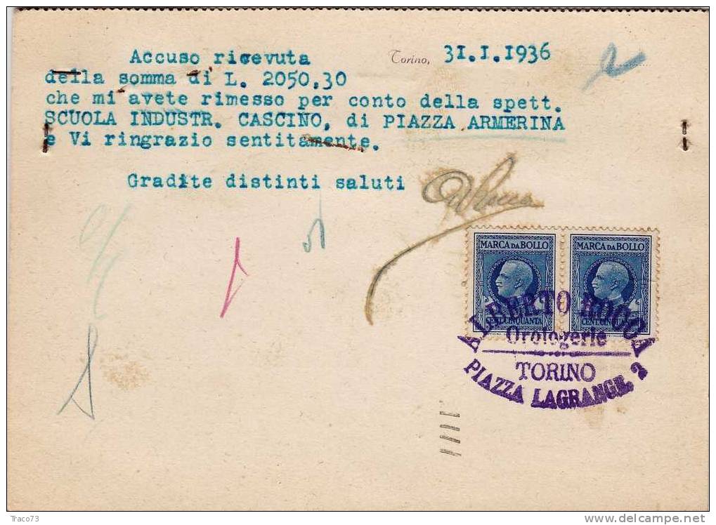 TORINO   31.01.1936   -  Card Cartolina -   " Orologeria ALBERTO ROCCA   "  -  FIRMA - Reklame