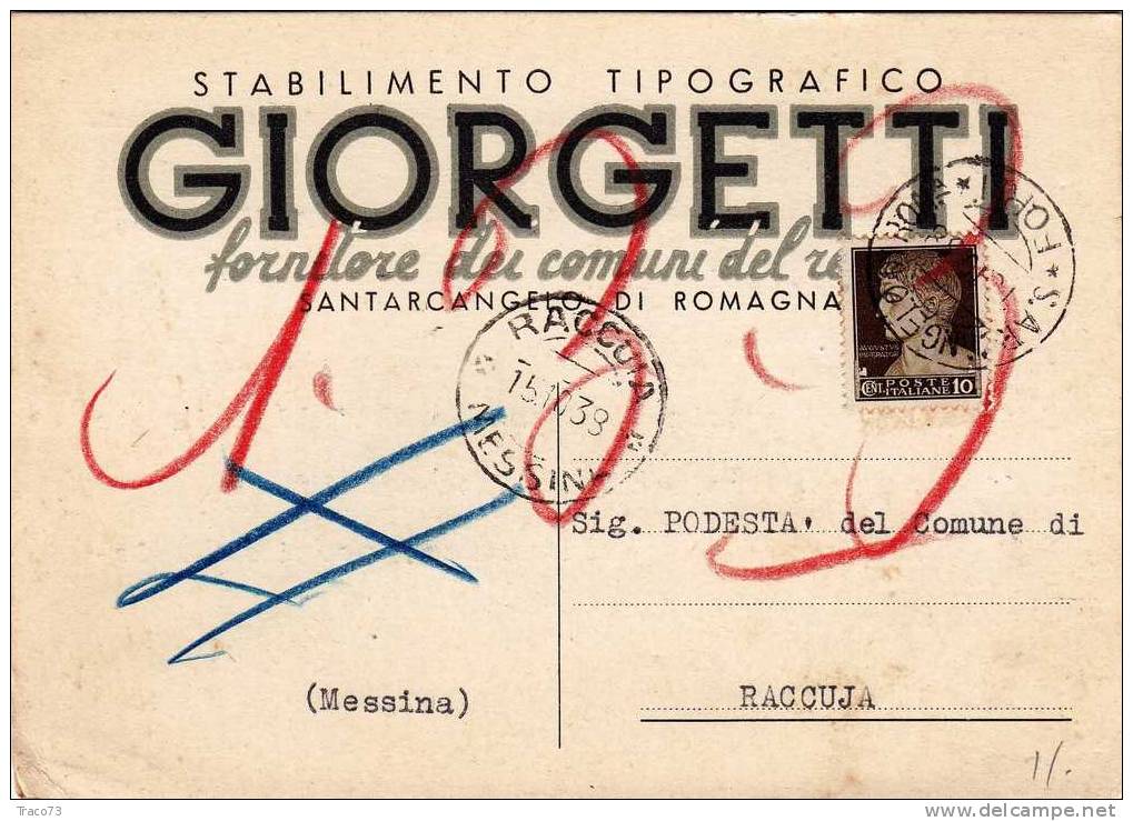 SANTARCANGELO DI ROMAGNA   15.10.1938 - Card Cartolina -  " Stab. Tip. GIORGETTI " - Publicité