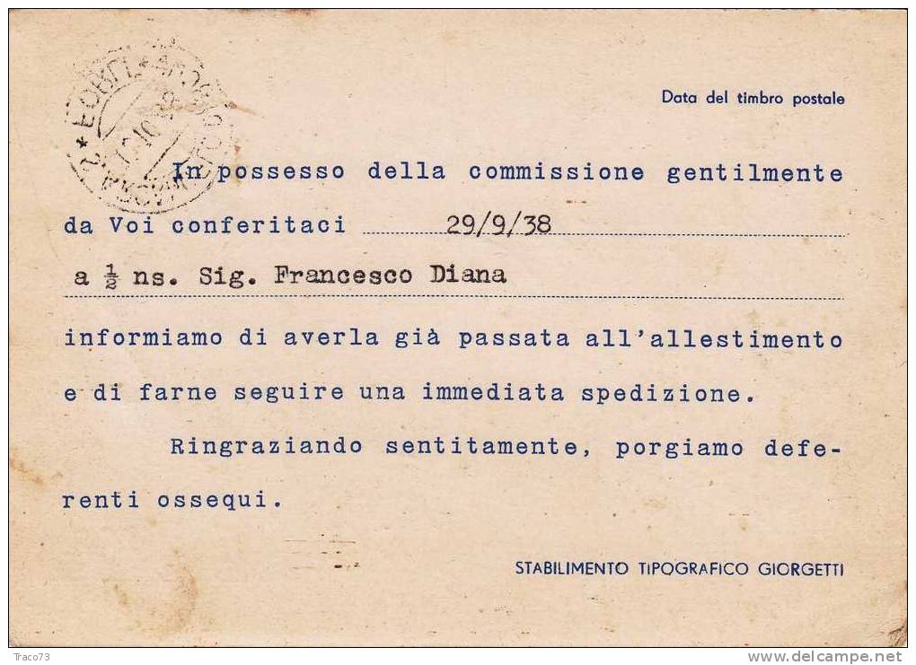 SANTARCANGELO DI ROMAGNA   15.10.1938 - Card Cartolina -  " Stab. Tip. GIORGETTI " - Publicité