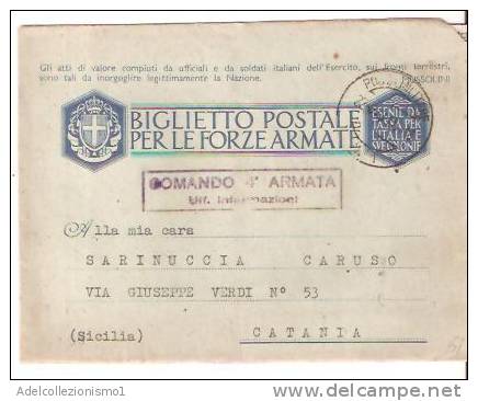 36664)biglietto Postale Per Le Forze Armate In Franchigia Verso Catania + Annullo Militare N°1 - Marcofilía