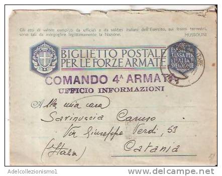 36665)biglietto Postale Per Le Forze Armate In Franchigia Verso Catania + Annullo Militare N°1 - Poststempel