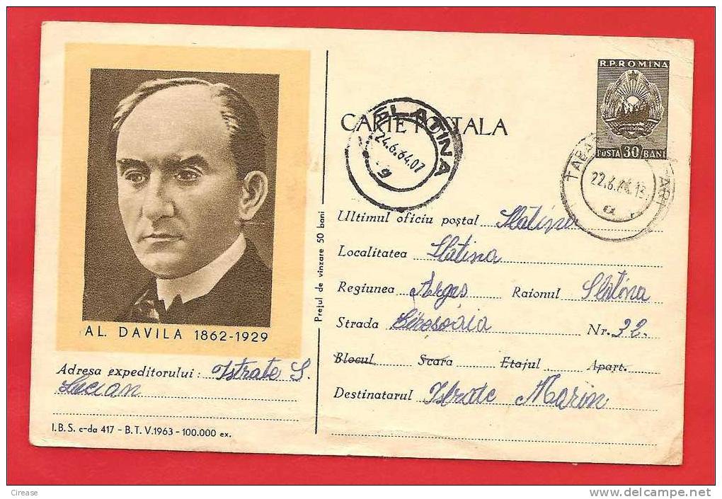 ROMANIA 1963 Postal Stationery Postcard. AL. DAVILA 1862  - 1929 Man Of Theater And Playwright - Theatre