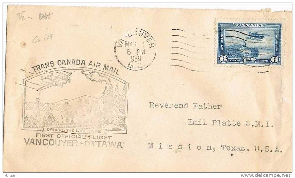 Carta Firts Fligt  Official Vancouver- Otawa  (Canada) 1939 - First Flight Covers