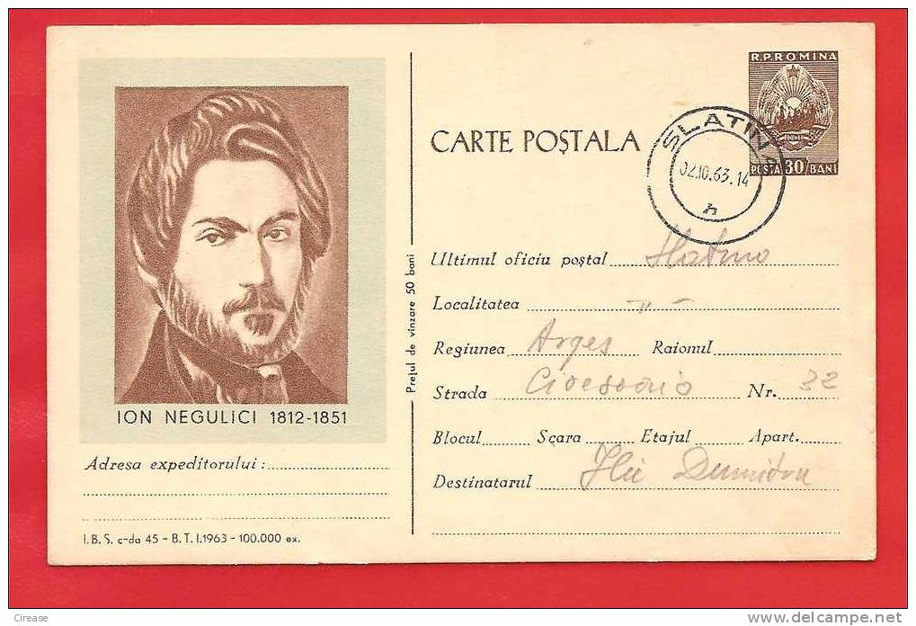 ROMANIA 1963 Postal Stationery Postcard. ION NEGULICI 1812  - 1851 Painter - Impressionisme