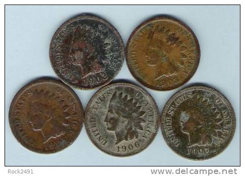 USA 5 Different Indian Head Cent 1902 1903 1905 1906 1907 See Images - 1859-1909: Indian Head