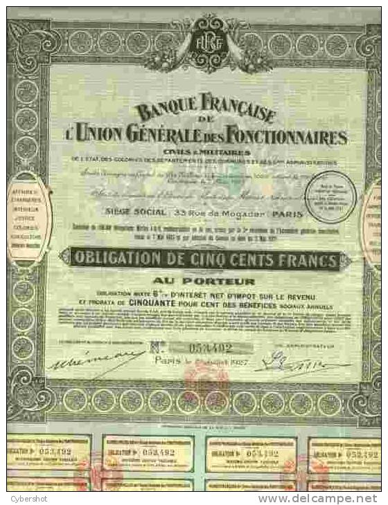 BANQUE FRANCAISE DE L´UNION GENERALE DES FONCTIONNAIRES (CIVILES & MILITAIRES) - Bank & Insurance