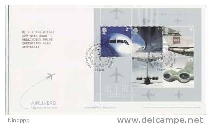 Great Britain-2002 Airliners Souvenir Sheet   FDC - Airplanes