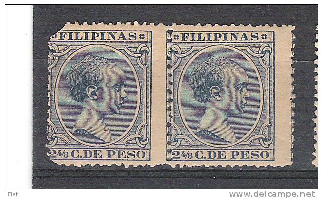 Espana , FILIPINAS 1890:  PAIRE Yvert N° 110 , 2 4/8 C Bleu ,Alfonso XIII, NEUF ** Avec VARIETE" PIQUAGE  A CHEVAL";B/TB - Filippijnen