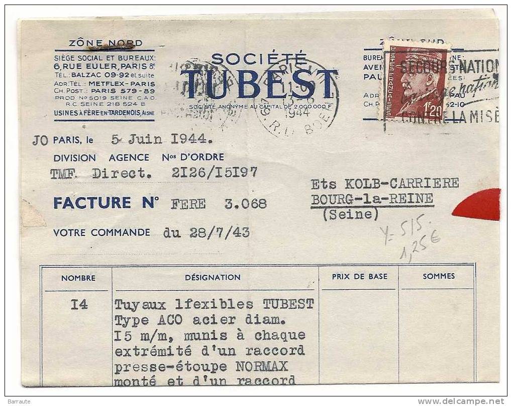 Pli Postal (facture Pliée) De 1944  Krag " PARIS VIII 49 Rue De La BOETIE" Timbre 515. - Tijdelijke Stempels