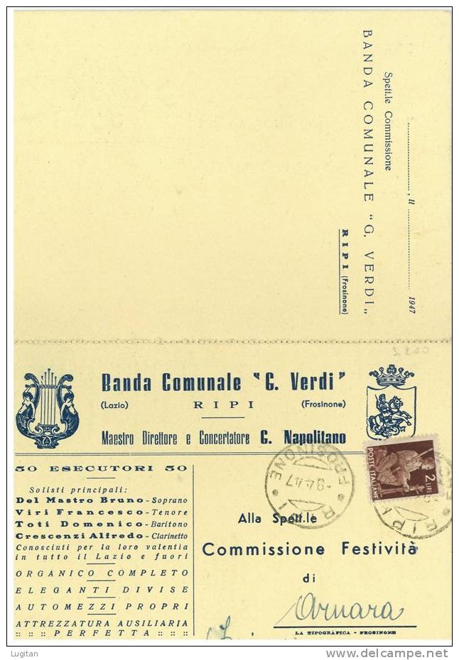 Cartolina - Brochure - Stagione Artistica 1947 - Banda Comunale "G. Verdi" - Vedi Foto - G. NAPOLITANO - FROSINONE - Música