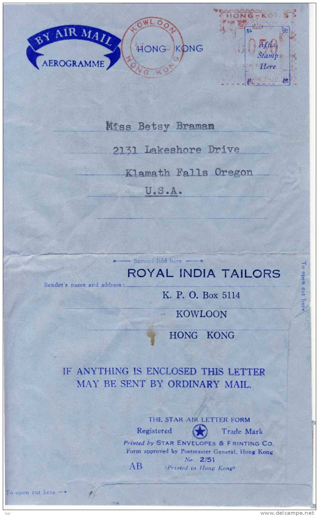 Hong Kong - ROYAL INDIA TAILORS Aerogramm To USA (Airmail, ) 1959 - Christmas Offer, Sent To USA - Covers & Documents