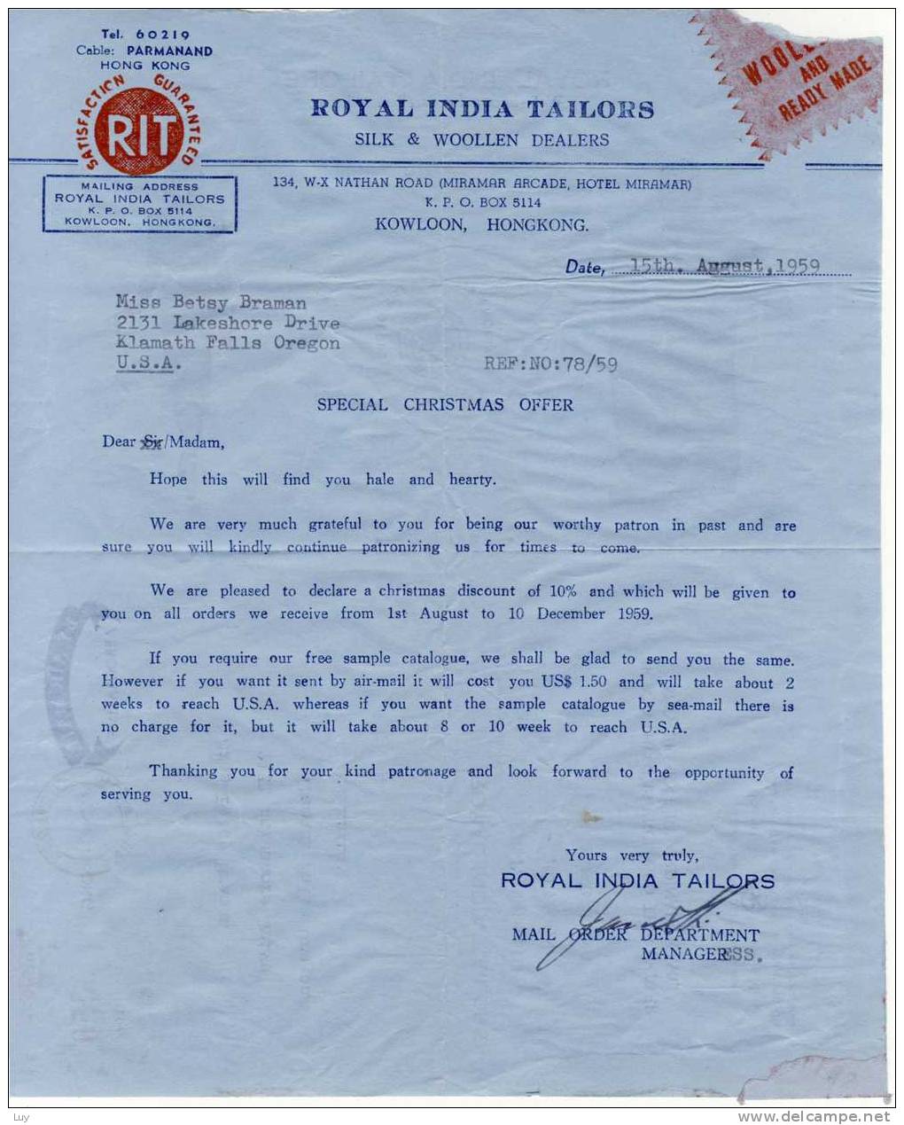 Hong Kong - ROYAL INDIA TAILORS Aerogramm To USA (Airmail, ) 1959 - Christmas Offer, Sent To USA - Covers & Documents