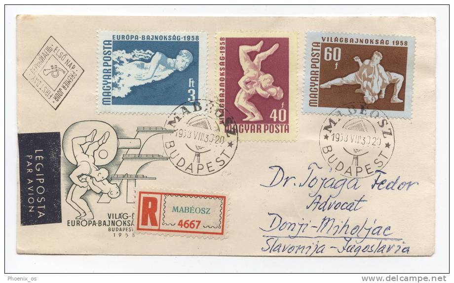 HUNGARY - 2 Envelopes, First Day, Airmail, Recommendation, Sport, 1958. - FDC