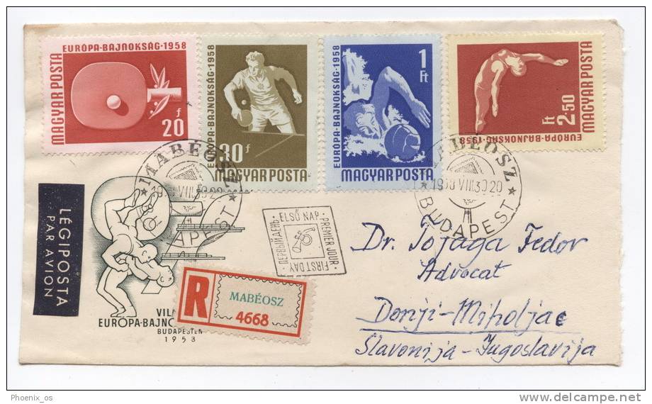 HUNGARY - 2 Envelopes, First Day, Airmail, Recommendation, Sport, 1958. - FDC