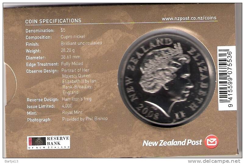 NIEUW ZEELAND 5 DOLLARS 2008 HAMILTON´S FROG KIKKER VERY SCARCE COIN - Nouvelle-Zélande