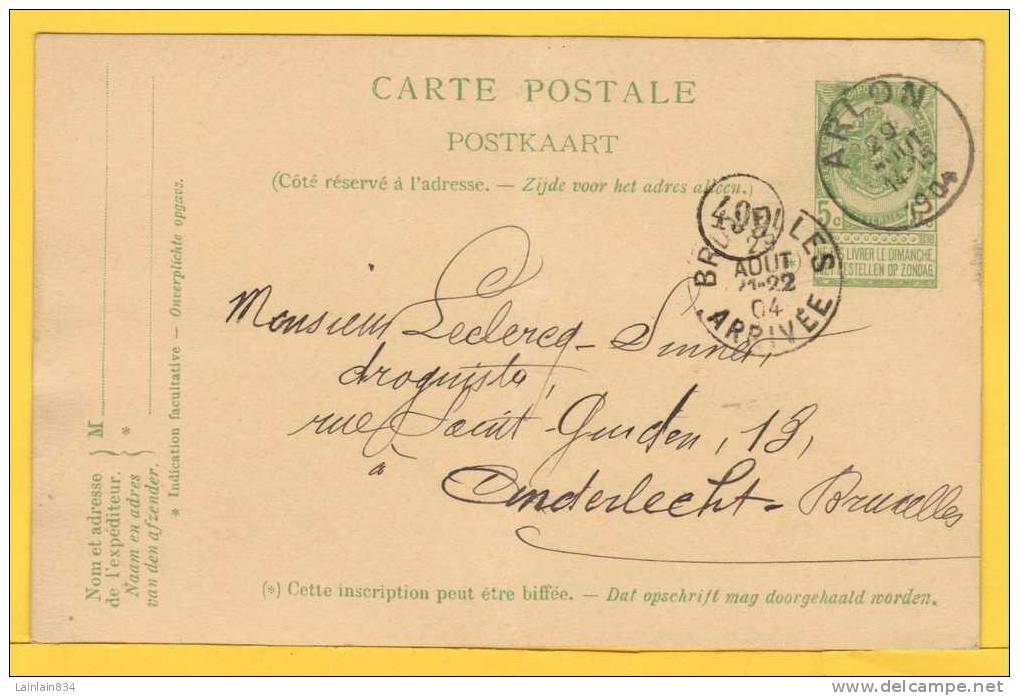 - Carte Postale -  Entier Timbre De 5c Vert + Griffe, Cachets 1904, Exp à ARLON Pour Anderlecht, Bruxelles, A Voir. - Postcards 1871-1909