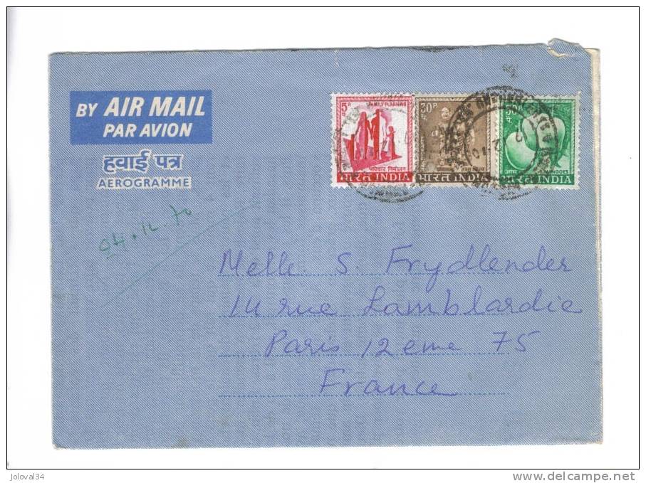 Inde India - Lettre 19/12/1970 - Bombay Paris - Aerogramme - Lettres & Documents