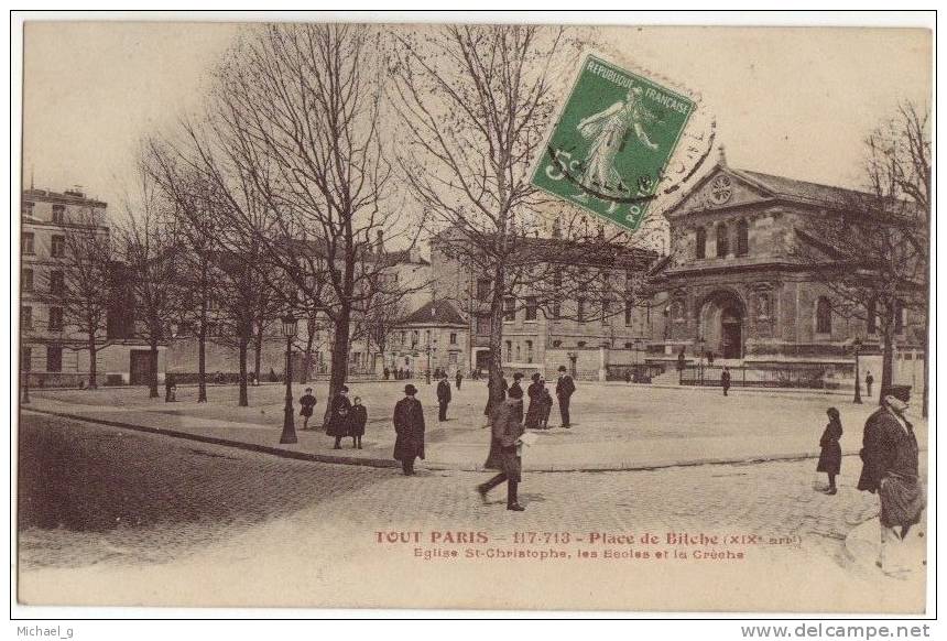 Paris XIX ème Place De Biche - Eglise St Christophe Les écoles Et La Crèche - Animée - TOUT PARIS - Arrondissement: 19