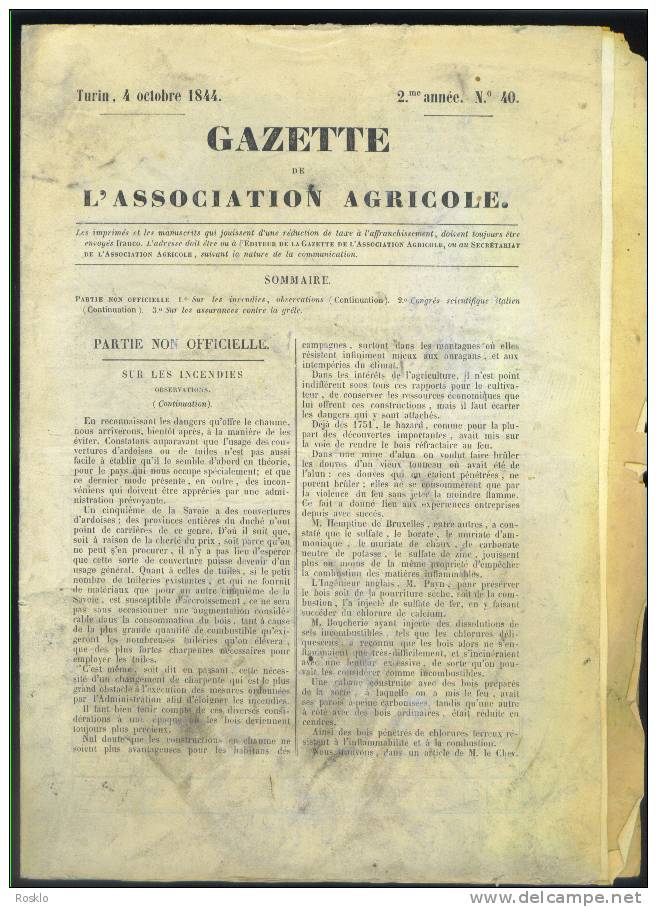 GAZETTE DE L ASSOCIATION AGRICOLE 1844 DUCHE DE SAVOIE ?? DE TURIN EN FRANCAIS  / TRES BEL  ETAT - Journaux Anciens - Avant 1800