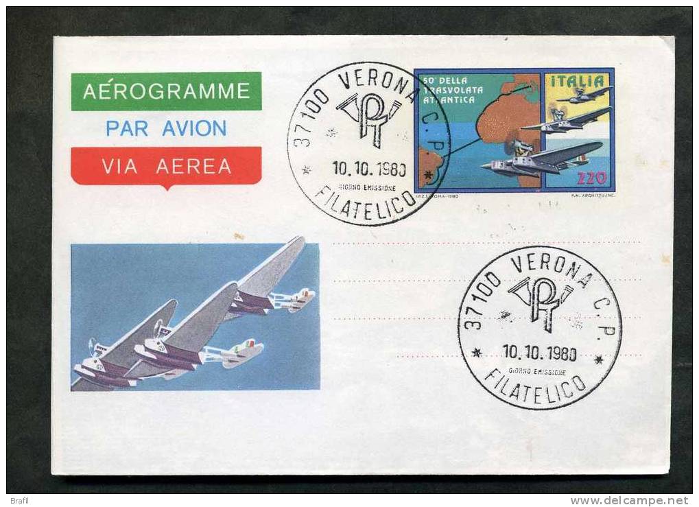 1980 Aerogramma 50° Trasvolata Atlantica Con Annullo FDC - Interi Postali