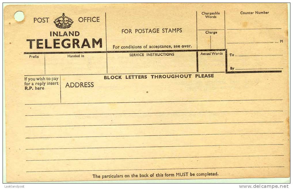 GB 1946 TELEGRAM FORM (DATED 11.46), UNUSED. - Postwaardestukken