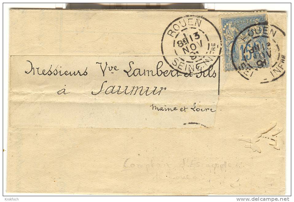 Sage 15 Cts Bleu Perforé C . 1891 Sur Lettre à En-tête Comptoir D'escompte De Rouen - Perforation Incomplète Sur Timbre - Autres & Non Classés